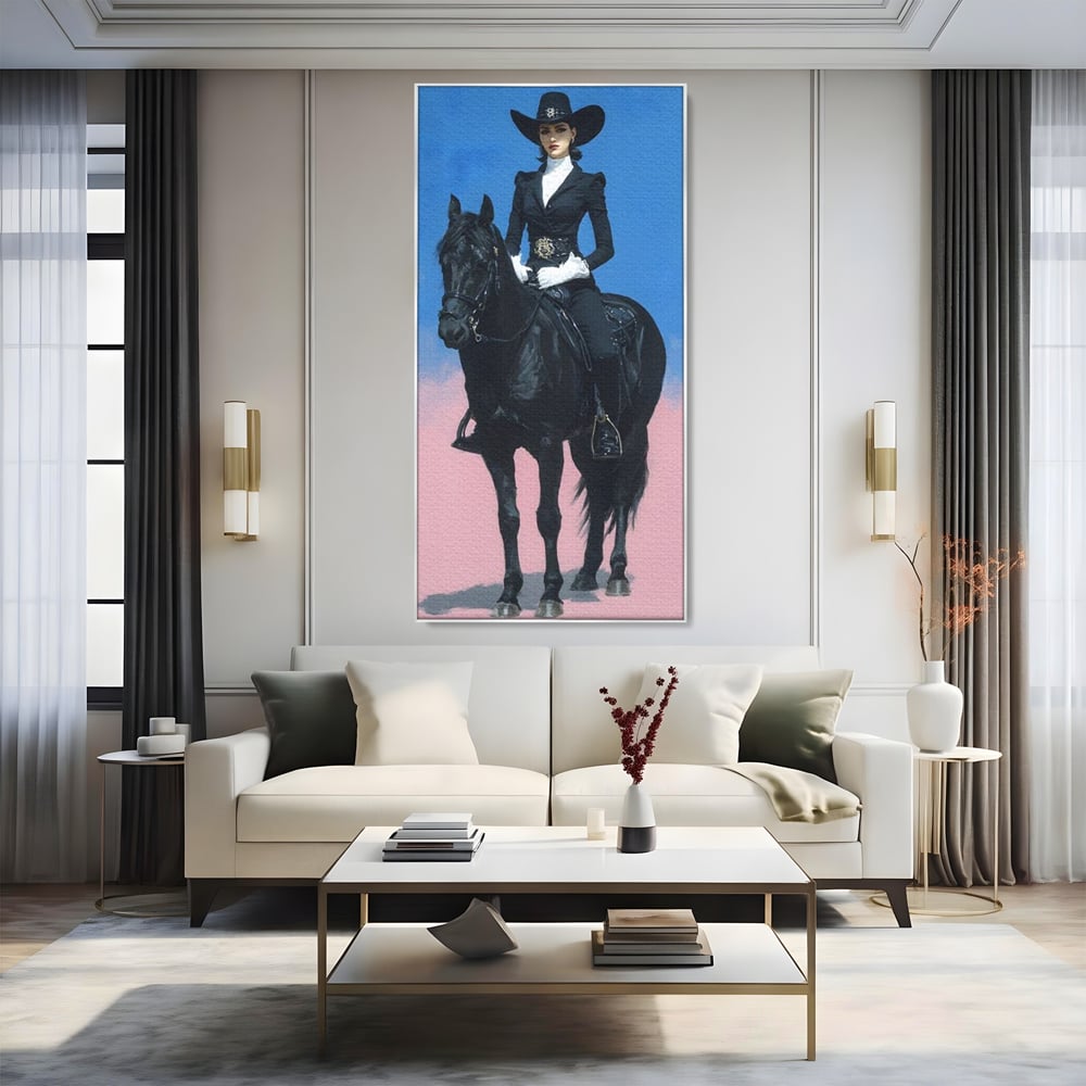 Tablou canvas cu tablou canvas cu femeie calare pe armasar, in rama de aluminiu argintiu, pe perete intr-un living